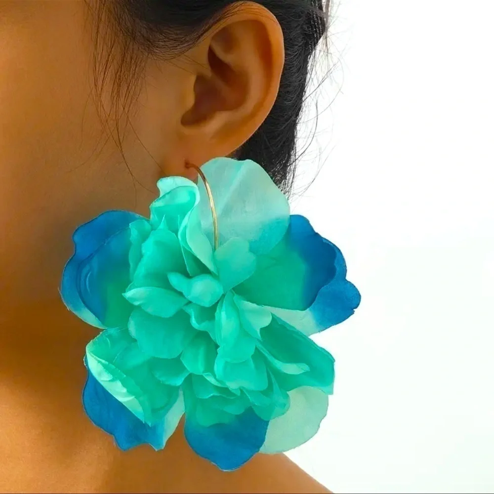 Teal and Blue Flower Gold Hoop Earrings